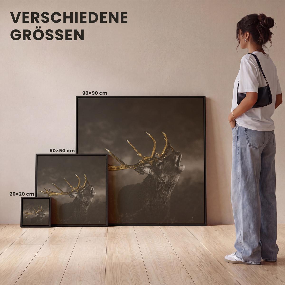 LEINWAND Bilder mit Rahmen - Rotwild - Schwarz - Gold - 50x50 - Braun, Textil (50/50cm) - MuchoWow