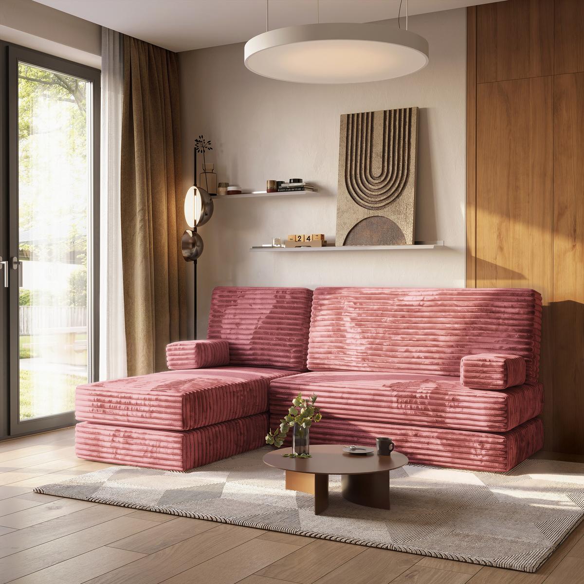 ECKSOFA NOTIA modulares Boneless Sofa mit Schlaffunktion Rosa Kordstoff - Rosa, Textil (200/120cm) - MASSENO