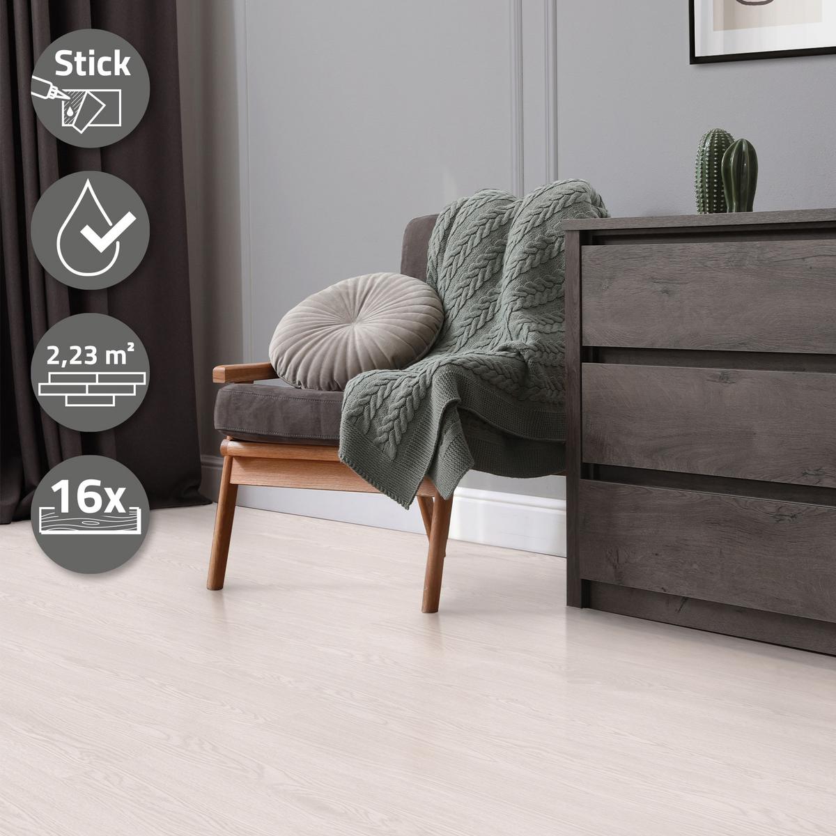 VINYLBODEN selbstklebend 2,23m²/16 Dielen Eiche Weiß - Weiß, Kunststoff (91.5/15.3/0.2cm) - ML-DESIGN