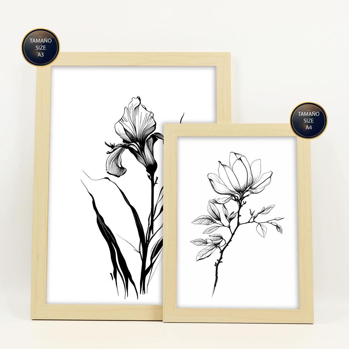 POSTER Set Mit 6 Zarte Blumen Natur Und Botanikdrucke Mit Blumenmotiven In Klassischem Schwarz Und Weiß A3 & A4 Rahmen Aus Hellem Holz - Beige, Papier (29/3cm) - Nacnic
