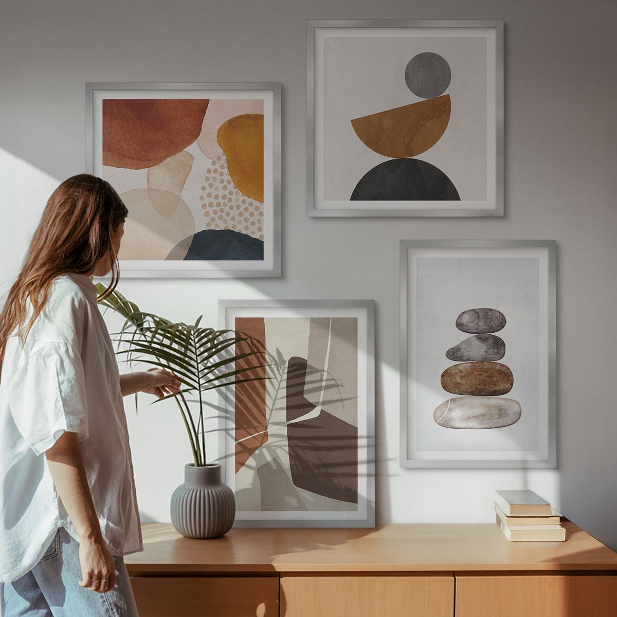 BILDER SET 4er Set - 50x50 cm & 40x60 cm Silberner Rahmen - Abstrakte Malerei Dekorationen - Silberfarben, Kunststoff (50/50cm) - TULUP