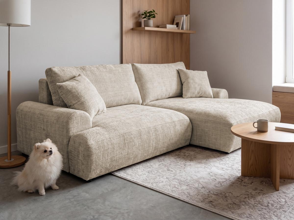 ECKSOFA Melvano mit Schlaffunktion und Bettkasten im Japandi-Stil aus weichem Dunkelbeige Chenille-Stoff - Beige/Schwarz, Holz/Kunststoff (240/145cm) - S-Style