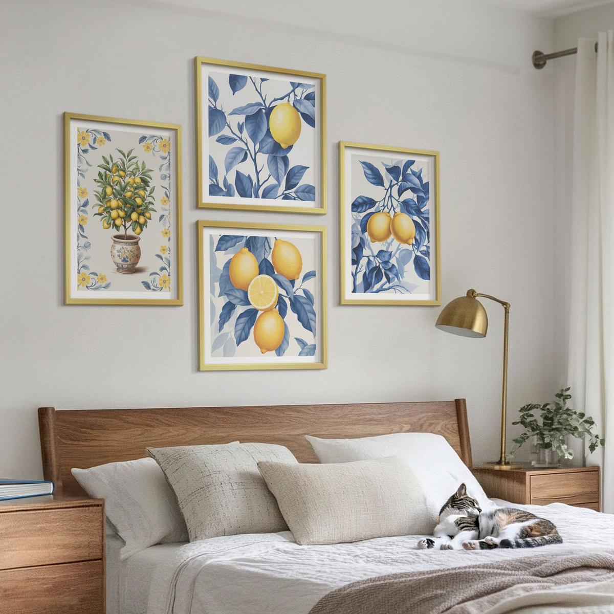 BILDER SET 4er Set - 50x50 cm & 40x60 cm Goldrahmen - Zitronenzweige mit blauen Blättern - Goldfarben, Kunststoff (50/50cm) - TULUP