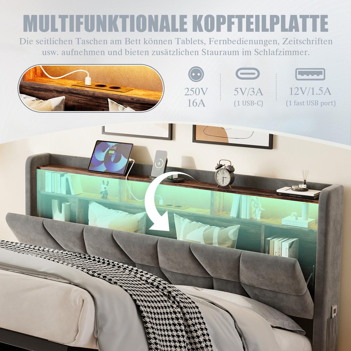 POLSTERBETT samt dunkelgrau 160x200 cm mit led-beleuchtung & usb-ladestation - Dunkelgrau, Textil (160/200cm) - Urban Meuble