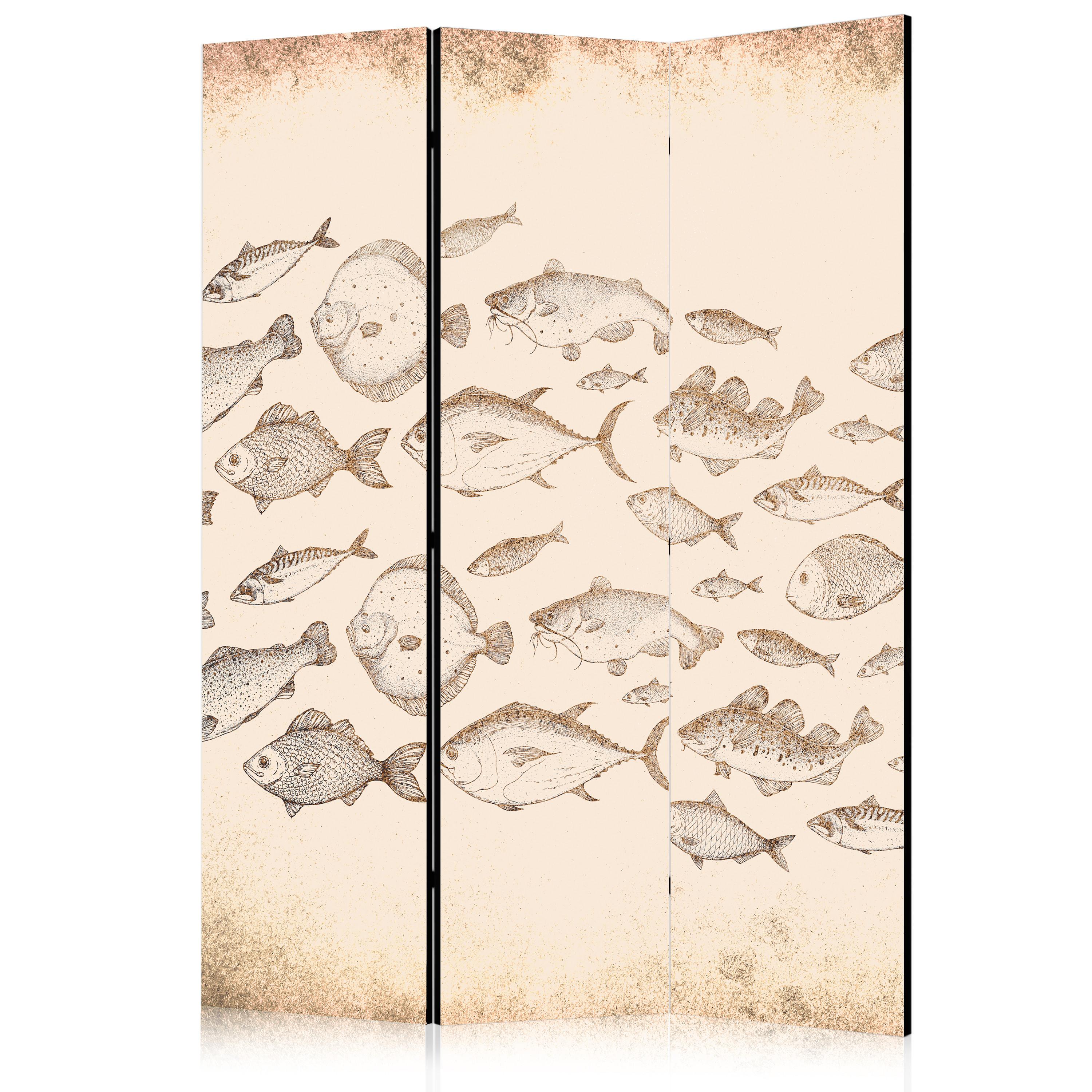 PARAVENT Akustik 3-tlg 135x172 cm Fischschwarm Vintage Stil - Beige, Holz/Textil (135/172/3cm) - Muralo