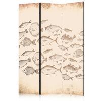 PARAVENT Akustik 3-tlg 135x172 cm Fischschwarm Vintage Stil - Beige, Holz/Textil (135/172/3cm) - Muralo