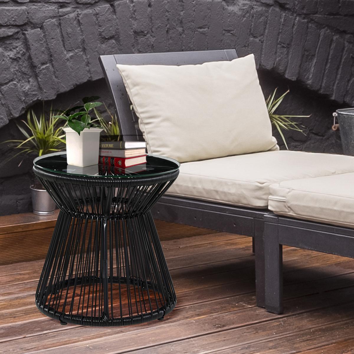 BALKONTISCH, Schwarz, Eisen, PE-Rattan, Glas - Schwarz, Kunststoff (40/40/42cm) - Outsunny
