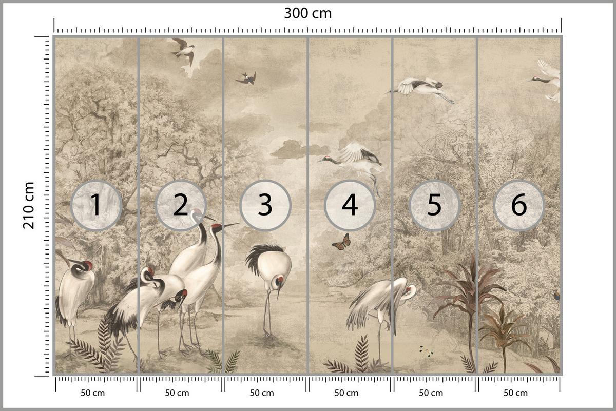FOTOTAPETE für Schlafzimmer Retro Kraniche Wald Bäume Vögel 300x210 - Beige/Rot, Papier (300/210cm) - Muralo