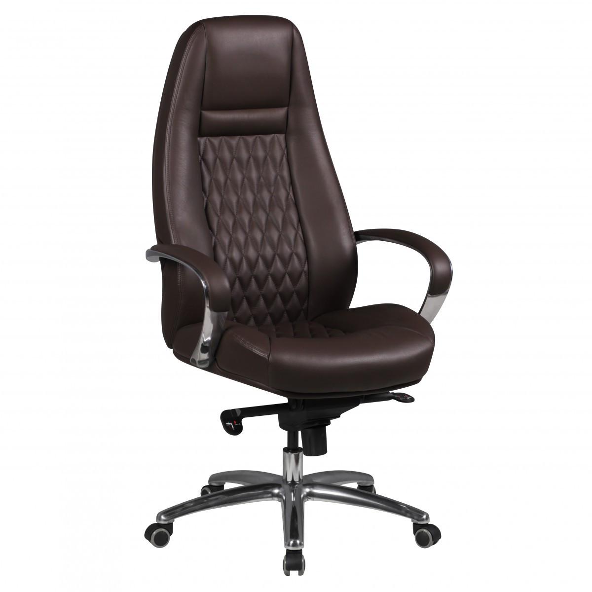 CHEFSESSEL Echtleder mit Aluminiumfußkreuz und ergonomischer Sitzform MADRID, Braun 70x68x130 cm - Silberfarben/Braun, Leder/Metall (70/130/68cm) - KADIMA DESIGN