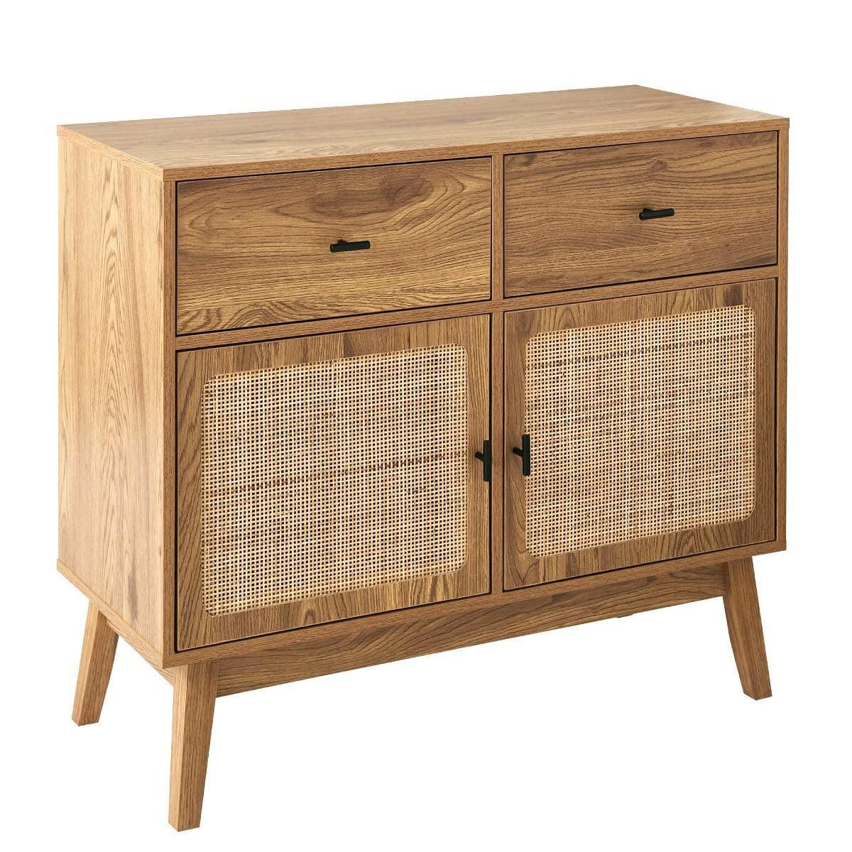 KOMMODE mit 2 Türen und 2 SchubladenFronten aus Rattan 39/79/90 cm - Eschefarben, Holzwerkstoff (90/79/45cm) - Calicosy