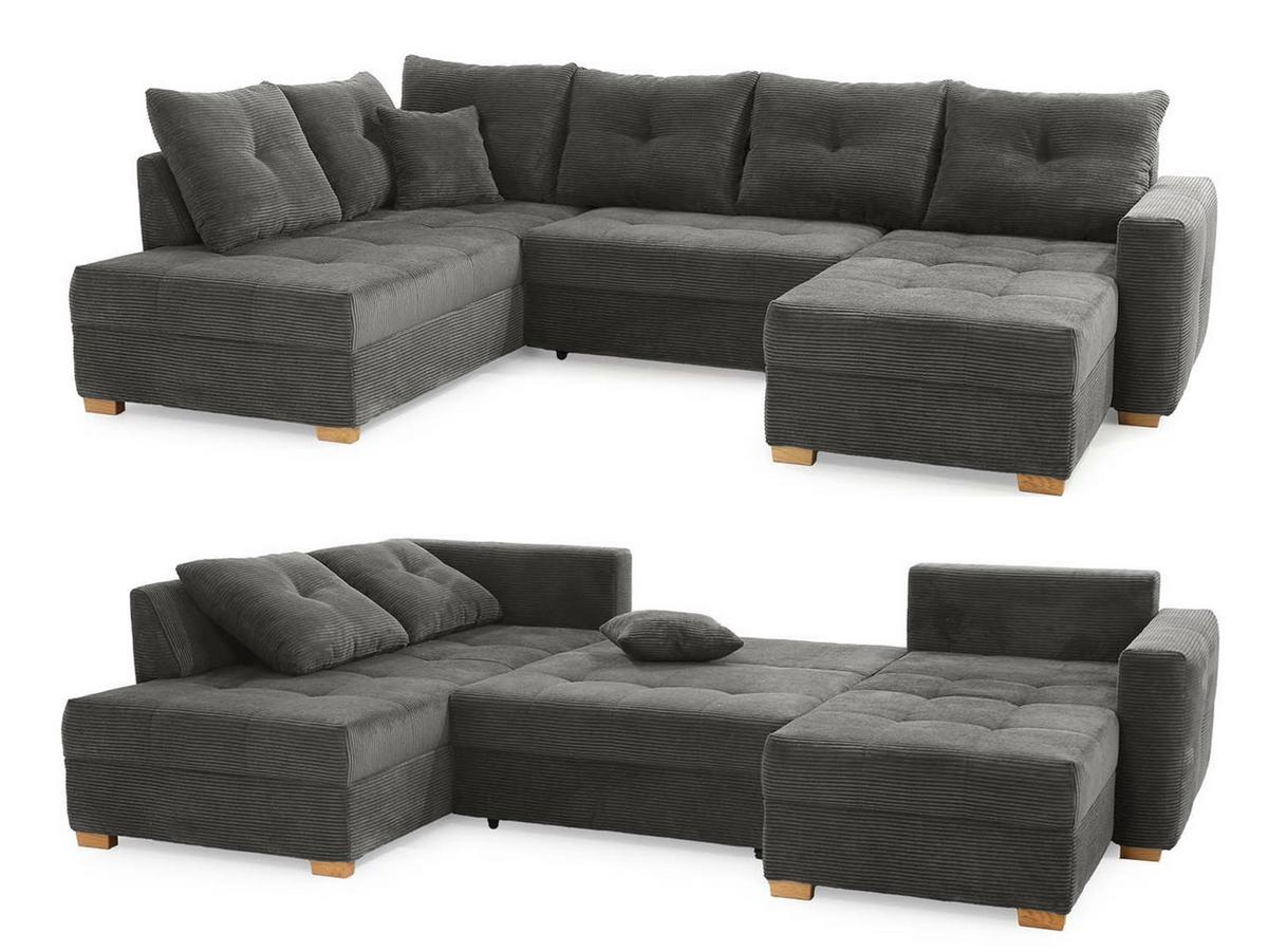 WOHNLANDSCHAFT mit Schlaffunktion und Bettkasten, spiegelverkehrt montierbar U-Form B313/T200/H92 cm, Cord Dunkelgrau / 15220 - Dunkelgrau/Eichefarben, Holz/Textil (313/92/200cm) - luma-home