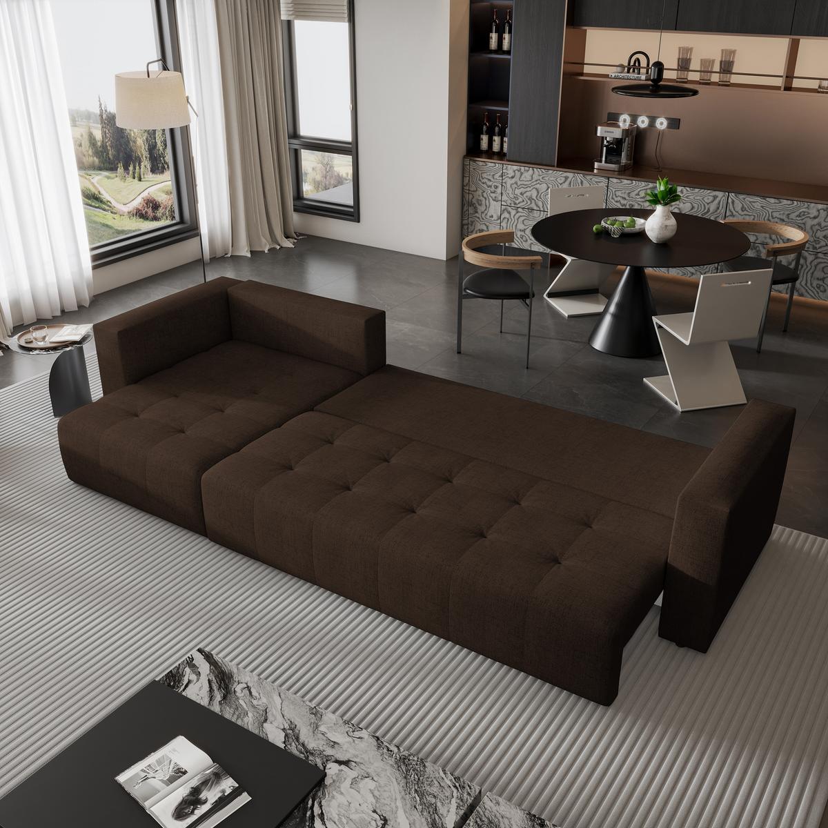 ECKSOFA OLVERA Braun Geflochtener Stoff mit Schlaffunktion - Braun, Holz (347/148cm) - MASSENO