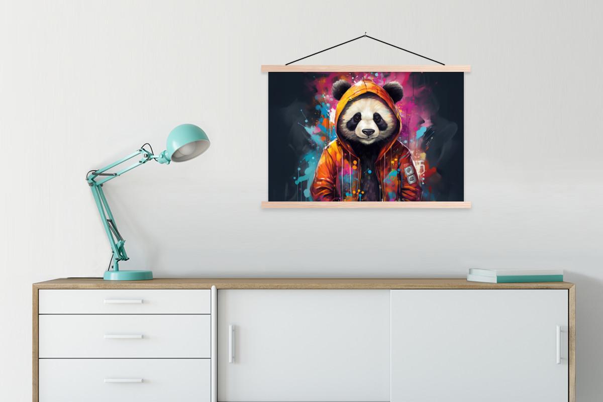 POSTER MIT MAGNETLEISTEN Panda - Jacke - Graffiti - Orange Wanddeko 90x60 cm - Orange, Textil (90/60/0.15cm) - MuchoWow