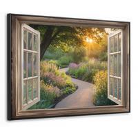 LEINWAND Bilder mit Rahmen - Aussicht - Blumen - Natur - Sonne - Weg - 70x50 - Hellgelb, Textil (70/50cm) - MuchoWow