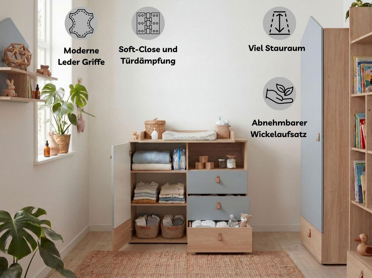BABYZIMMER Set Roofy 3-tlg. - Salbeigrün/Eichefarben, Leder/Holz (1/1/1cm) - arthur berndt