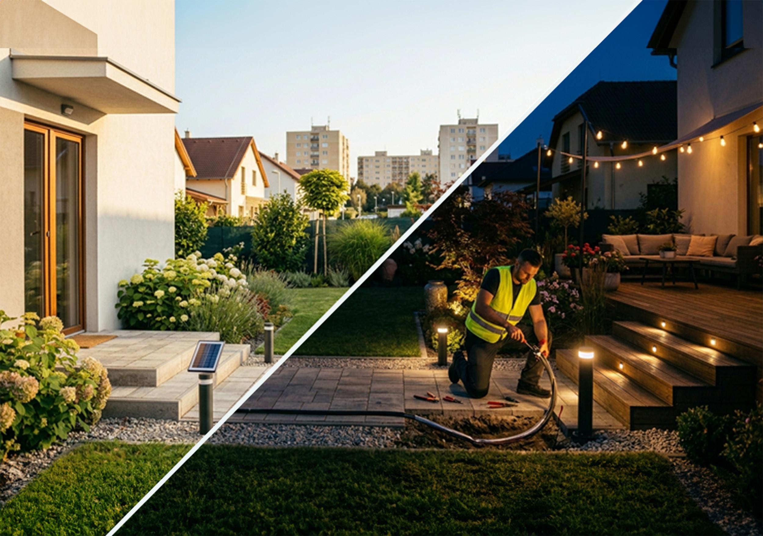 Egy átlósan megosztott, éjszakai és nappali kertet ábrázoló fotó, amely a napelemes és hálózati kertvilágítás közötti különbséget mutatja be: a napelemes lámpa nappal töltődik, míg a hálózati lámpát éppen egy villanyszerelő telepíti éjszaka.