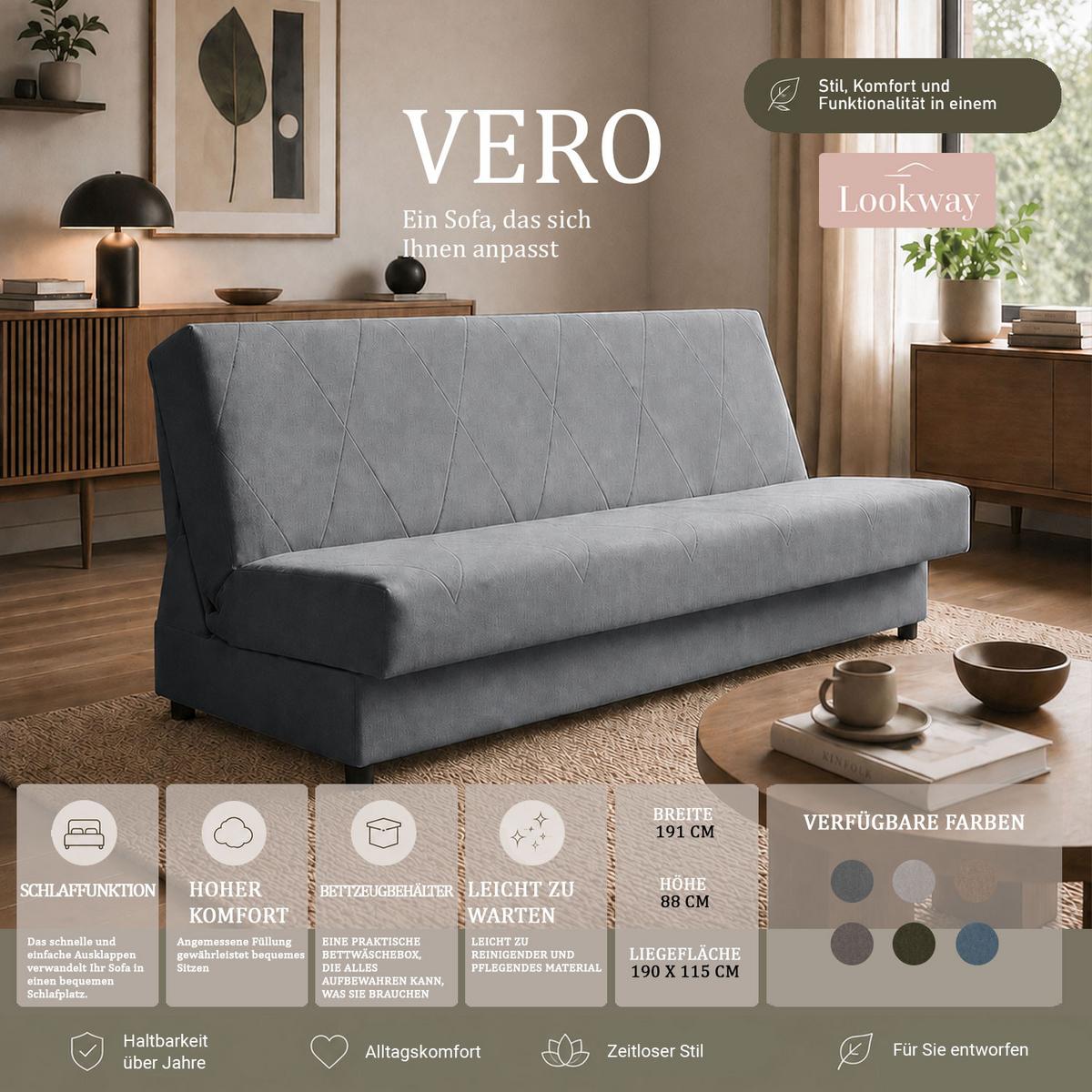 SCHLAFSOFA VERO mit Schlaffunktion Castel 74 - Blau, Textil (191/88/90cm) - Lookway