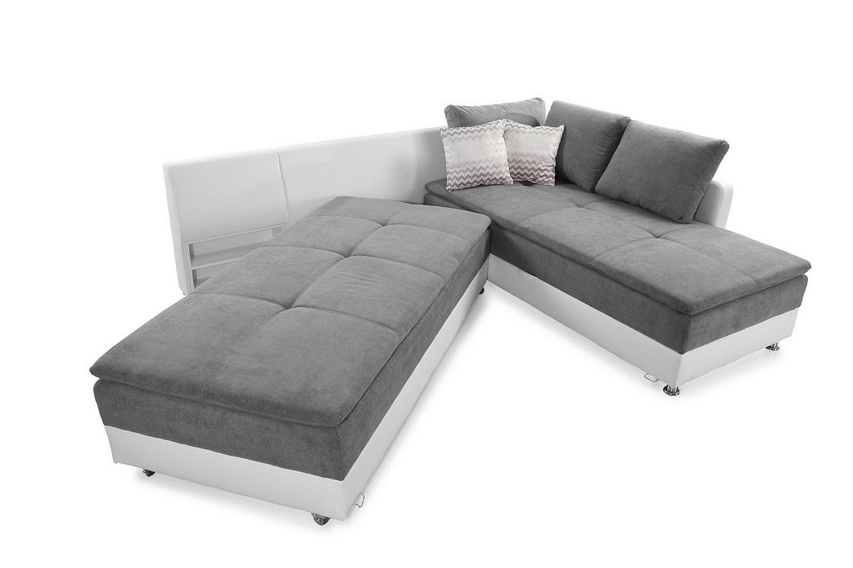 ECKSOFA-DAUERSCHLÄFER Doppelbett Boxspring Federkern Topper, Schwenkteil links B306/T223/H95 cm, Kunstleder Weiß+ Mikrofaser Hellgrau / 15103 - Chromfarben/Hellgrau, Kunststoff/Textil (306/223cm) - luma-home