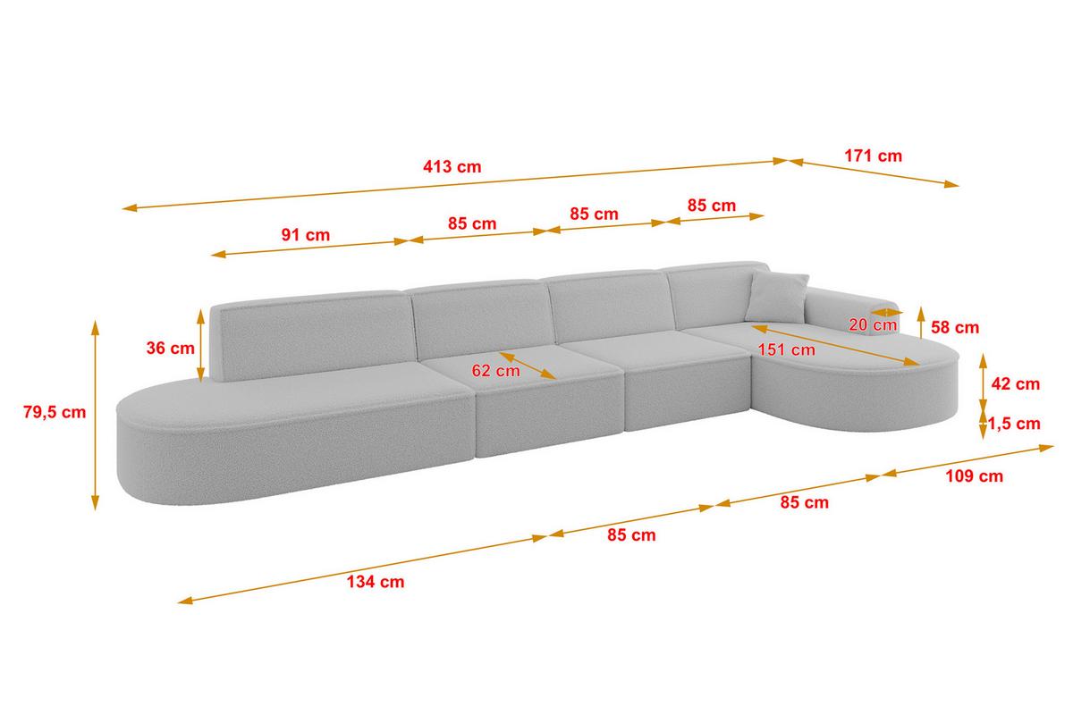 ECKSOFA Ottomane Rechts MARI-L3 - 413x171x79 cm Hellgrau Bouclé - Hellgrau/Schwarz, Holzwerkstoff/Kunststoff (171/413cm) - ALTDECOR