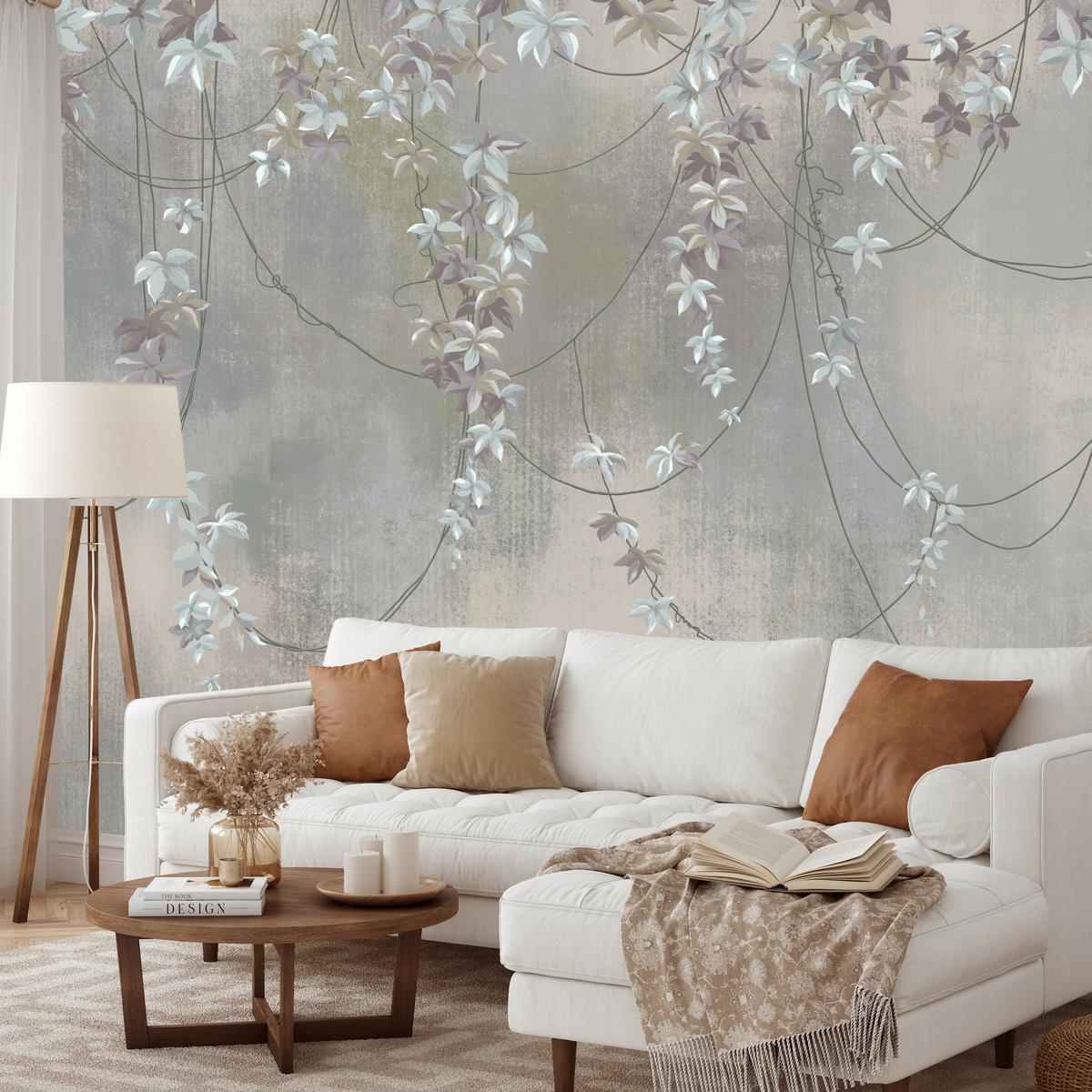 FOTOTAPETE für Wohnzimmer Abstrakte Blüten Lianen Beton Wand 450x315 - Grau, Papier (450/315cm) - Muralo