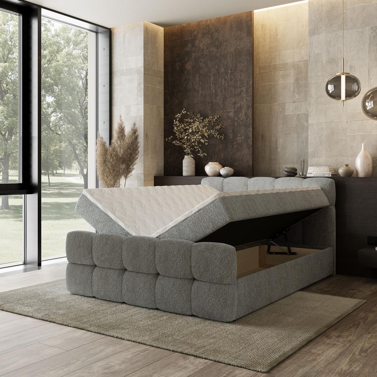 BOXBETT BRUME 180x200 cm mit Matratze und Topper, H2+H3 - Hellgrau - Hellgrau, Holz (180/200cm) - MASSENO