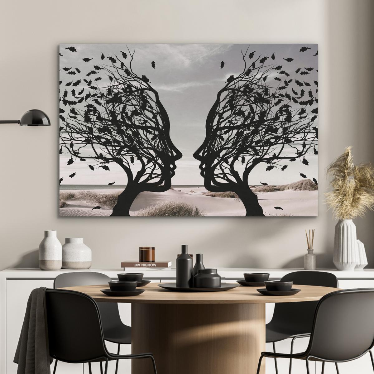 AKUSTIKBILD Strand - Meer - Menschen - Baum - Moderne Kunst Wandbild Wohnzimmer 100x70 cm - Hellgrau, Kunststoff (100/70/0.9cm) - MuchoWow