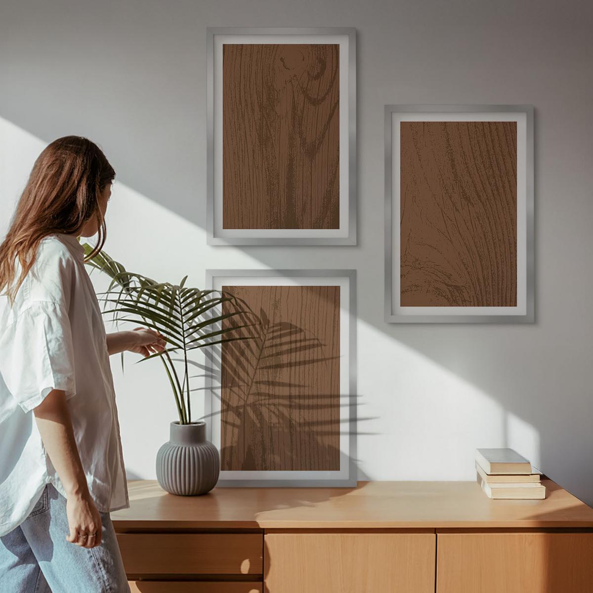 BILDER SET 3er Set - 40x60 cm Silberner Rahmen - Holzstruktur, Rinde, Minimalismus - Silberfarben, Kunststoff (40/60cm) - TULUP