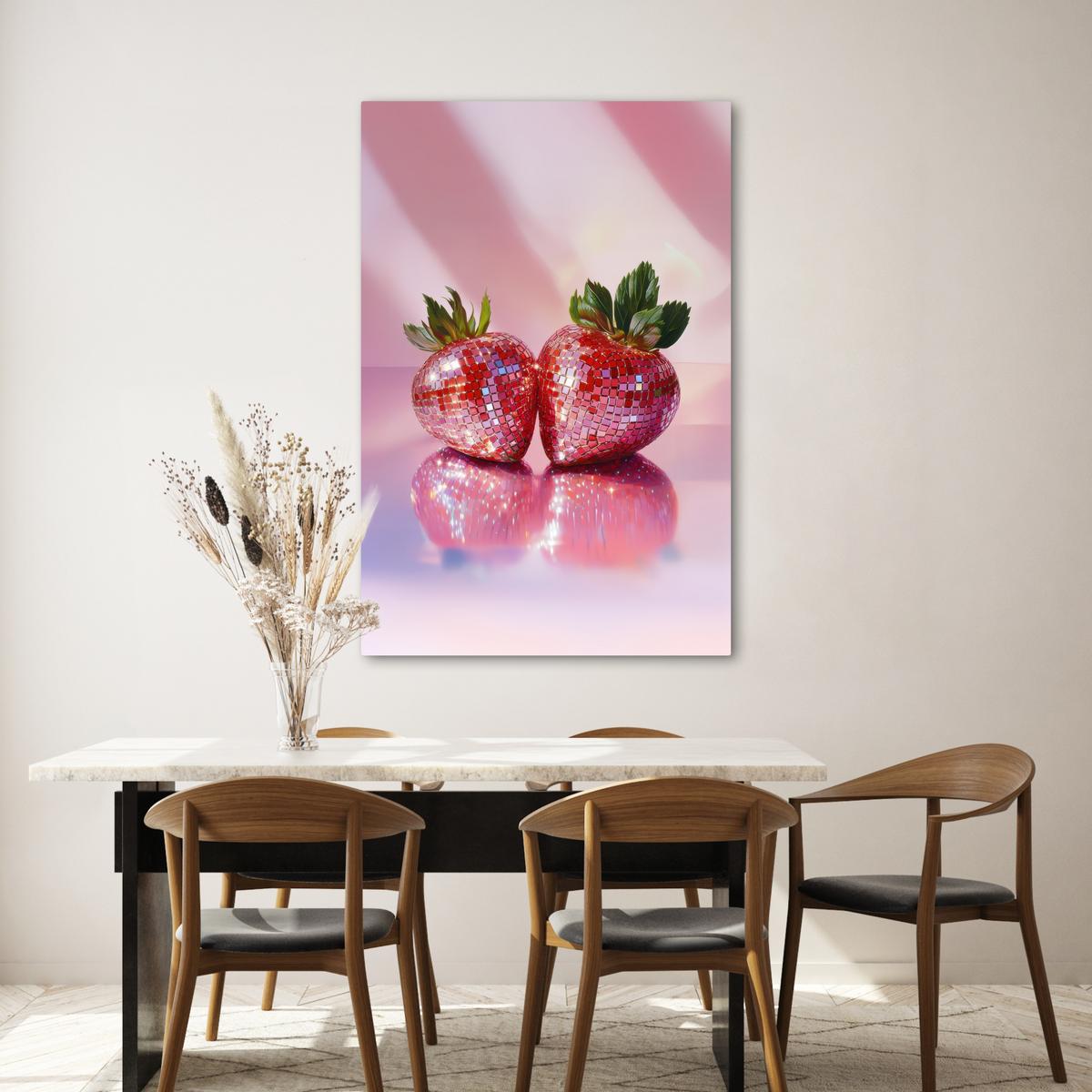 LEINWANDBILD Disco - Obst - Glitzer - Erdbeere Deko XXL 80x120 cm - Pink, Textil (80/120cm) - MuchoWow