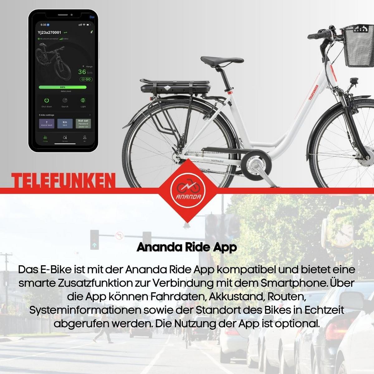 E-BIKE Cityrad Multitalent RC657 28 Zoll Elektrofahrrad 536,5 Wh Frontmotor 7-Gang-Kettenschaltung - Weiß, Metall (110cm) - Telefunken