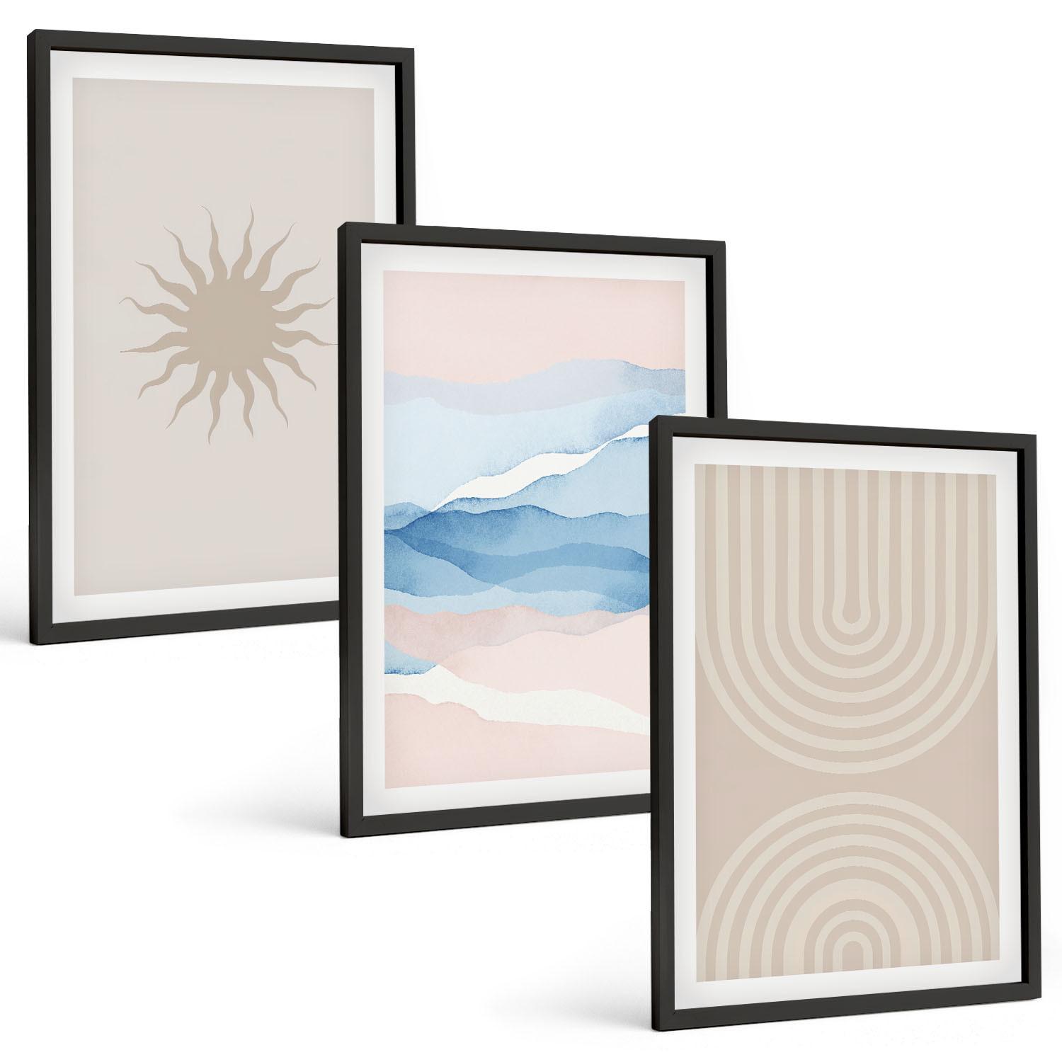 BILDER SET 3er Set - 40x60 cm Schwarzer Rahmen - Sonnenwellen abstrakte Linien Pastell - Schwarz, Kunststoff (40/60cm) - TULUP