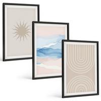 BILDER SET 3er Set - 40x60 cm Schwarzer Rahmen - Sonnenwellen abstrakte Linien Pastell - Schwarz, Kunststoff (40/60cm) - TULUP