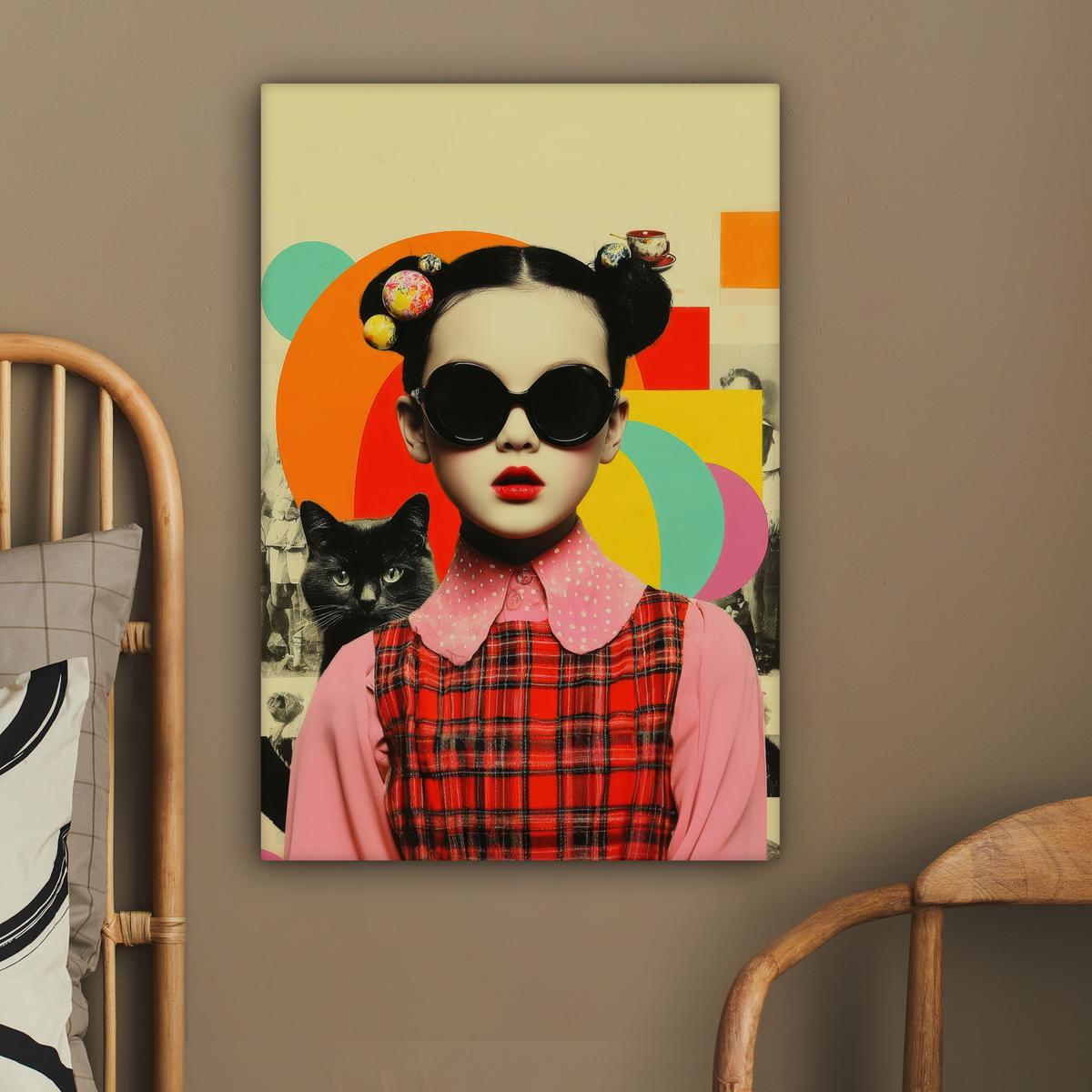 LEINWANDBILD Mädchen - Sonnenbrille - Katze - Retro Wanddeko Schlafzimmer 60x90 cm - Beige, Textil (60/90cm) - MuchoWow