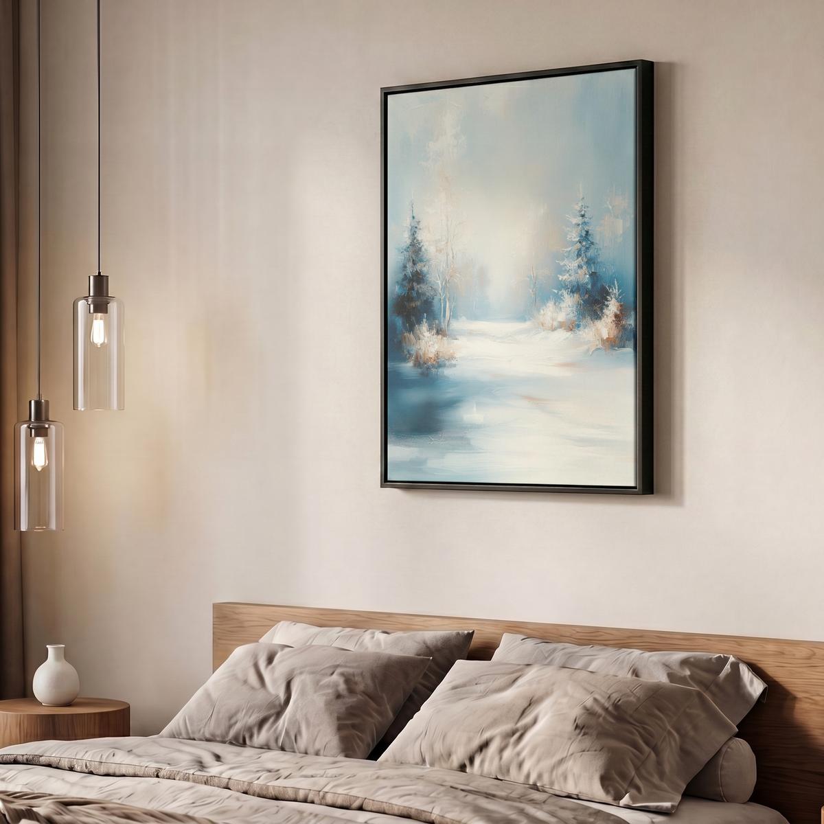 LEINWAND Bilder mit Rahmen - Wald – Winter – Natur – Abstrakt – Schnee - 50x70 - Weiß, Textil (50/70cm) - MuchoWow