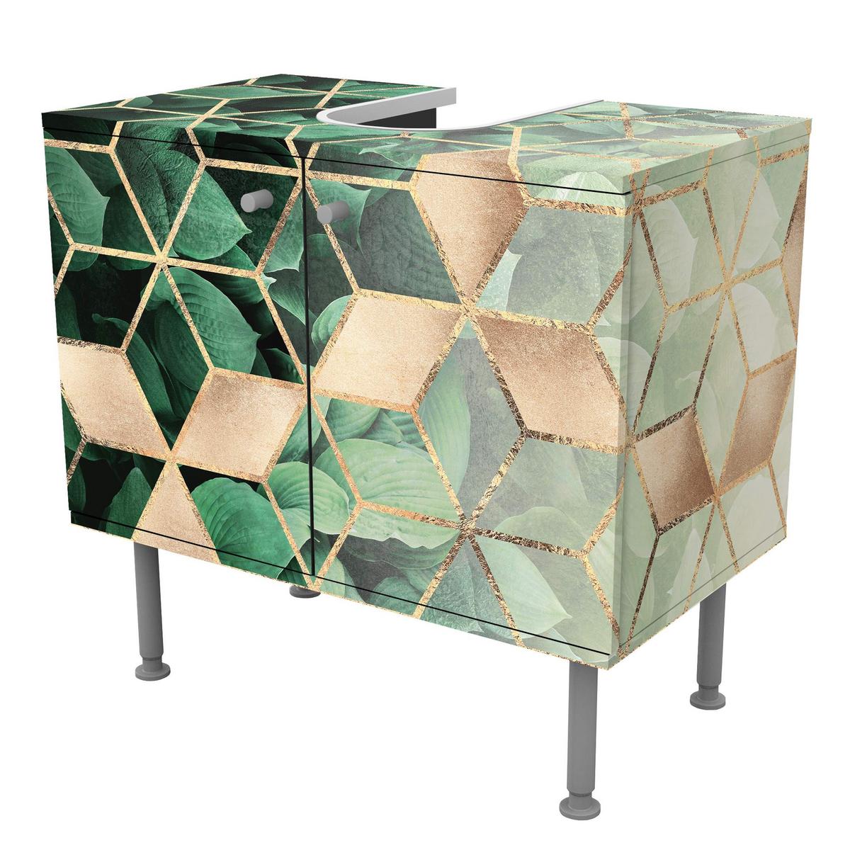 WASCHBECKENUNTERSCHRANK Grüne Blätter goldene Geometrie 60/55/35 cm - Grün, Holzwerkstoff (60/55/35cm) - Bilderwelten