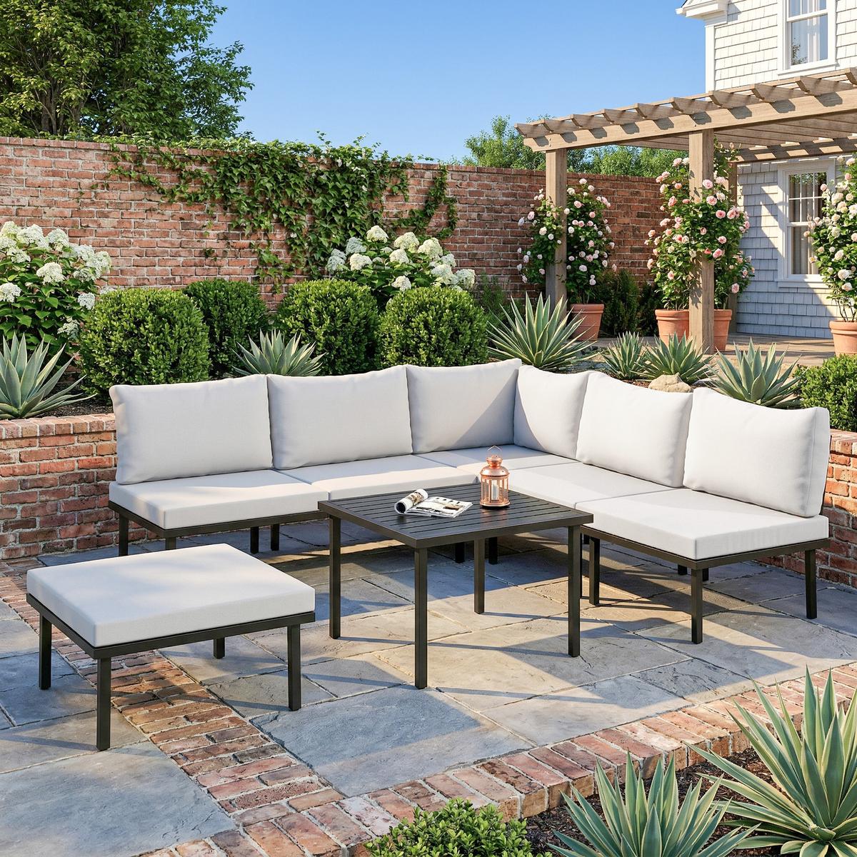 GARTENLOUNGE-SET 6er Set Metall Polyester Hellgrau - Hellgrau/Schwarz, Textil/Metall - Outsunny