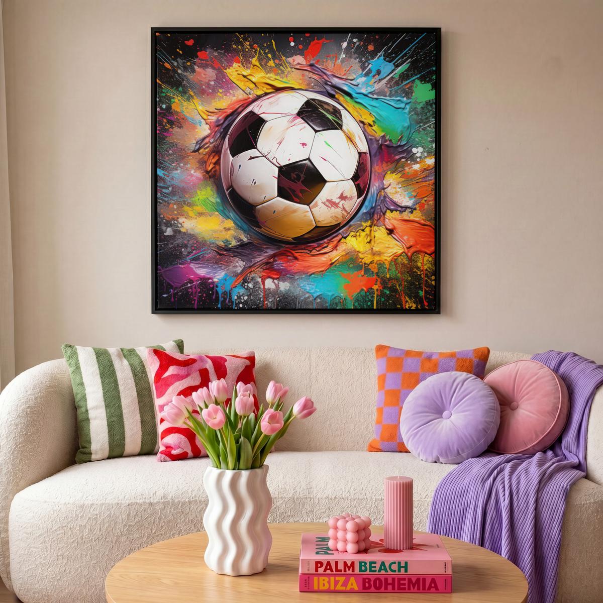 LEINWAND Bilder mit Rahmen - Fußball - Farbe - Farben - Schwarz - Weiß - 90x90 - Weiß, Textil (90/90cm) - MuchoWow