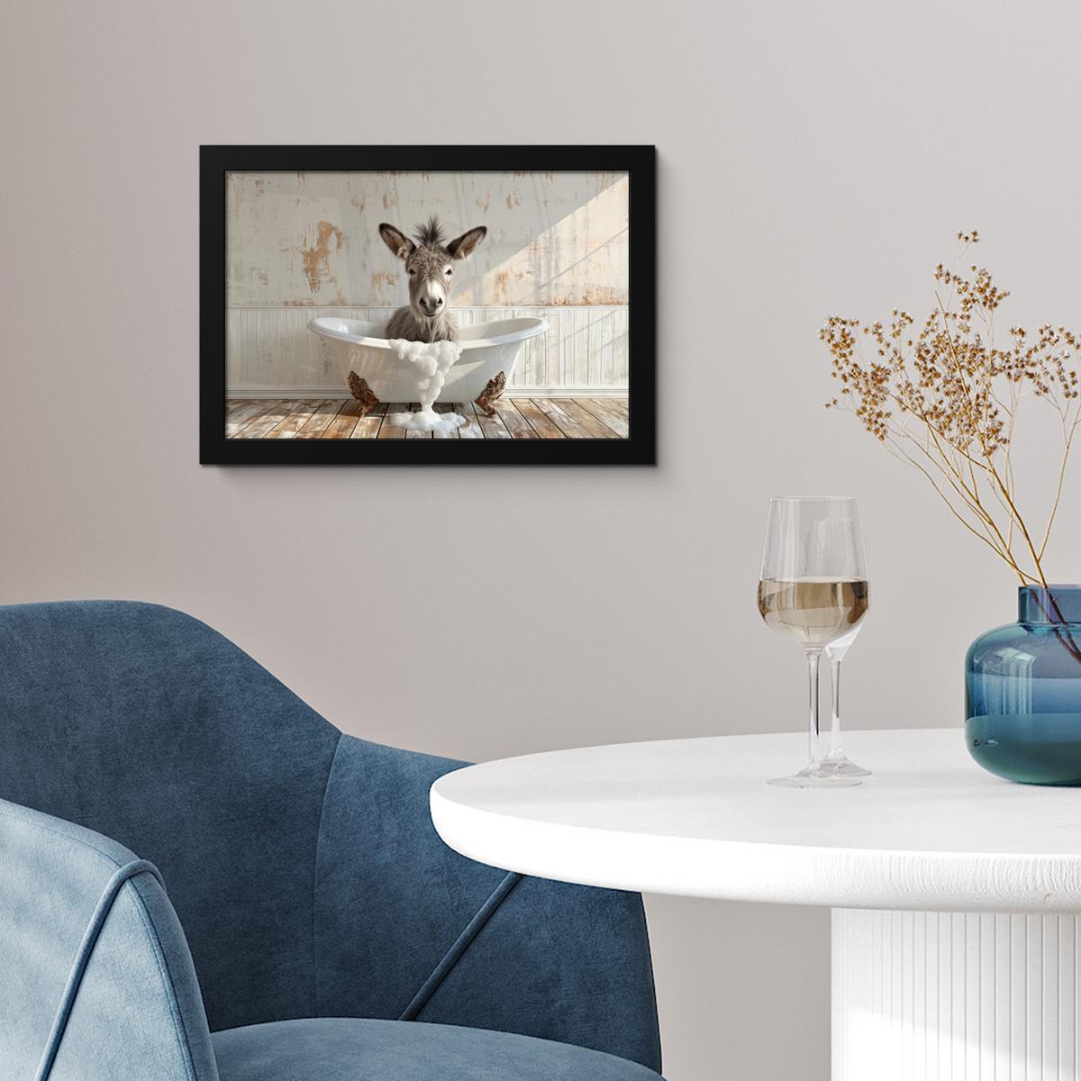 POSTER MIT RAHMENGERAHMTES BILD Esel - Tiere - Badewanne - Schaumstoff 30x20 cm - Weiß, Papier (30/20cm) - MuchoWow