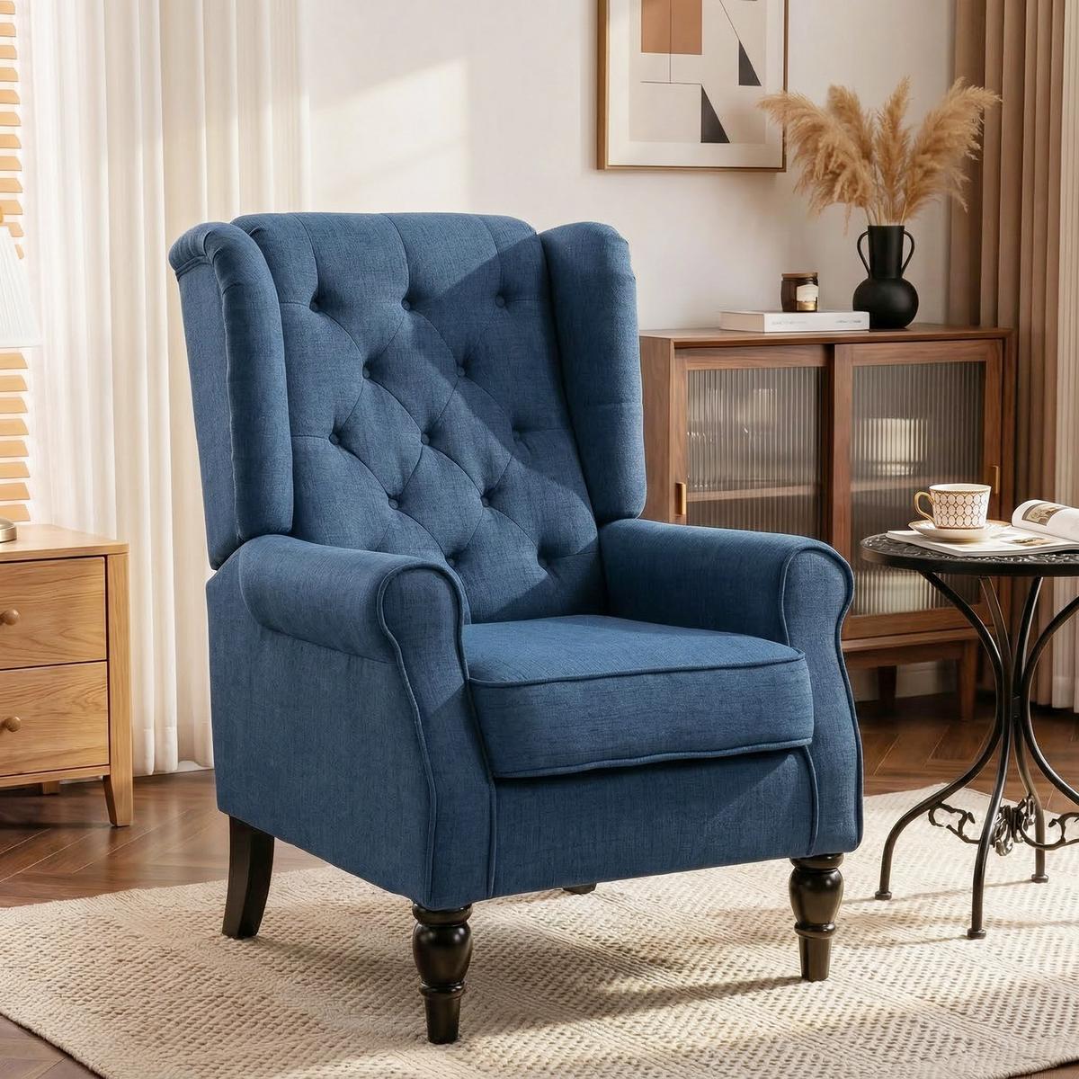 OHRENSESSEL Gepolstert Sessel mit Tufting, hoher Rückenlehne bis 160 kg, Blau - Blau/Schwarz, Holz/Textil (86/102/74cm) - HOMCOM