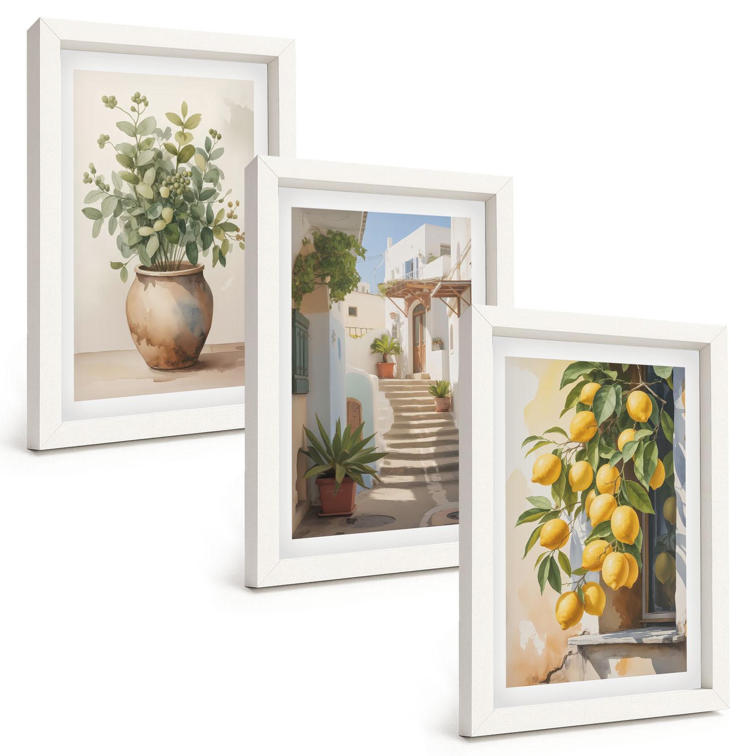 BILDER SET 3er Set - 20x30 cm Weißer Rahmen - Zitronenblumen im Topf, Straßen - Weiß, Kunststoff (20/30cm) - TULUP