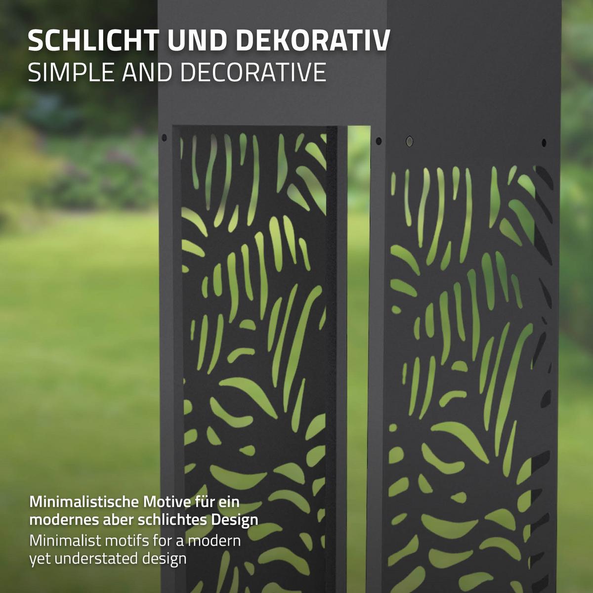 KAMINHOLZREGAL Innen Außen Metall Brennholzregal mit Pflanzkasten Stahl Verzinkt Anthrazit 30x30x111 cm Blätter-Motiv - Anthrazit, Metall (30/111/30cm) - ML-DESIGN