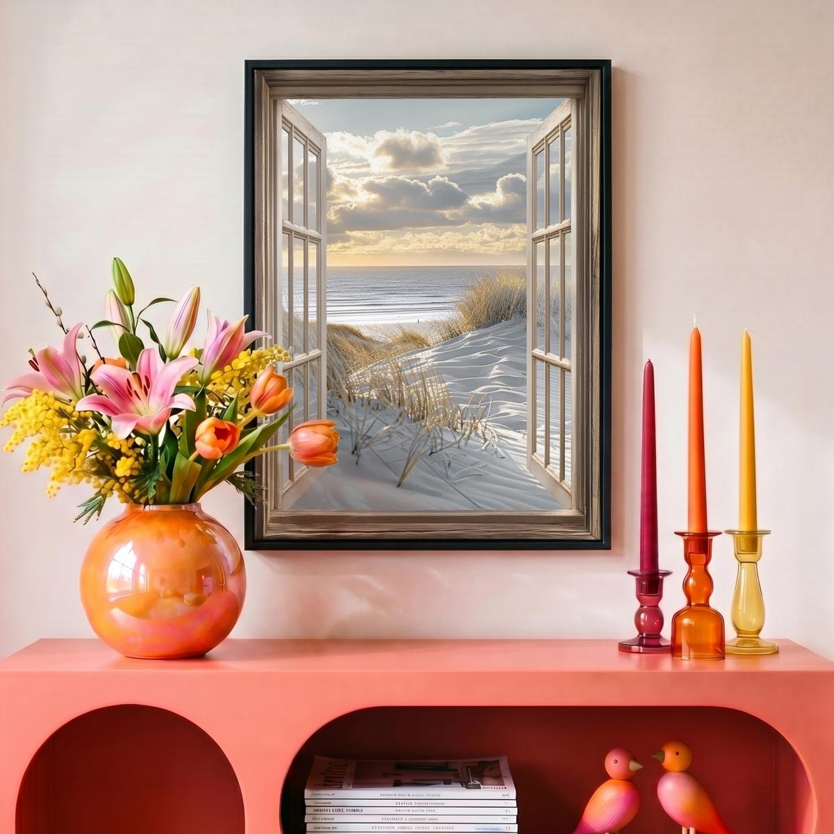 LEINWAND Bilder mit Rahmen - Ausblick - Strand - Dünen - Meer - Natur - 30x40 - Sandfarben, Textil (30/40cm) - MuchoWow
