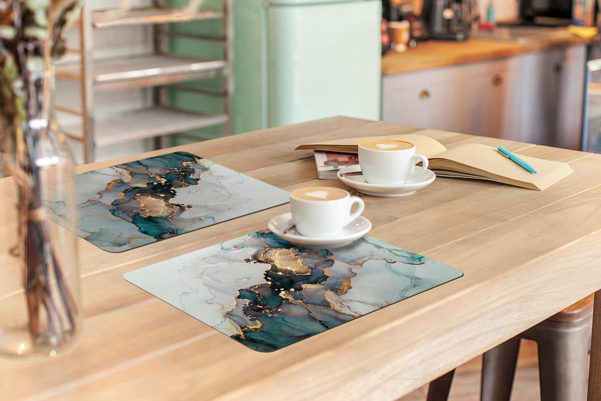 PLATZSETS 6er-Set Blau - Marmor - Gold Unterlage 45x30 cm - Petrol, Kunststoff (0.3/45/30cm) - MuchoWow