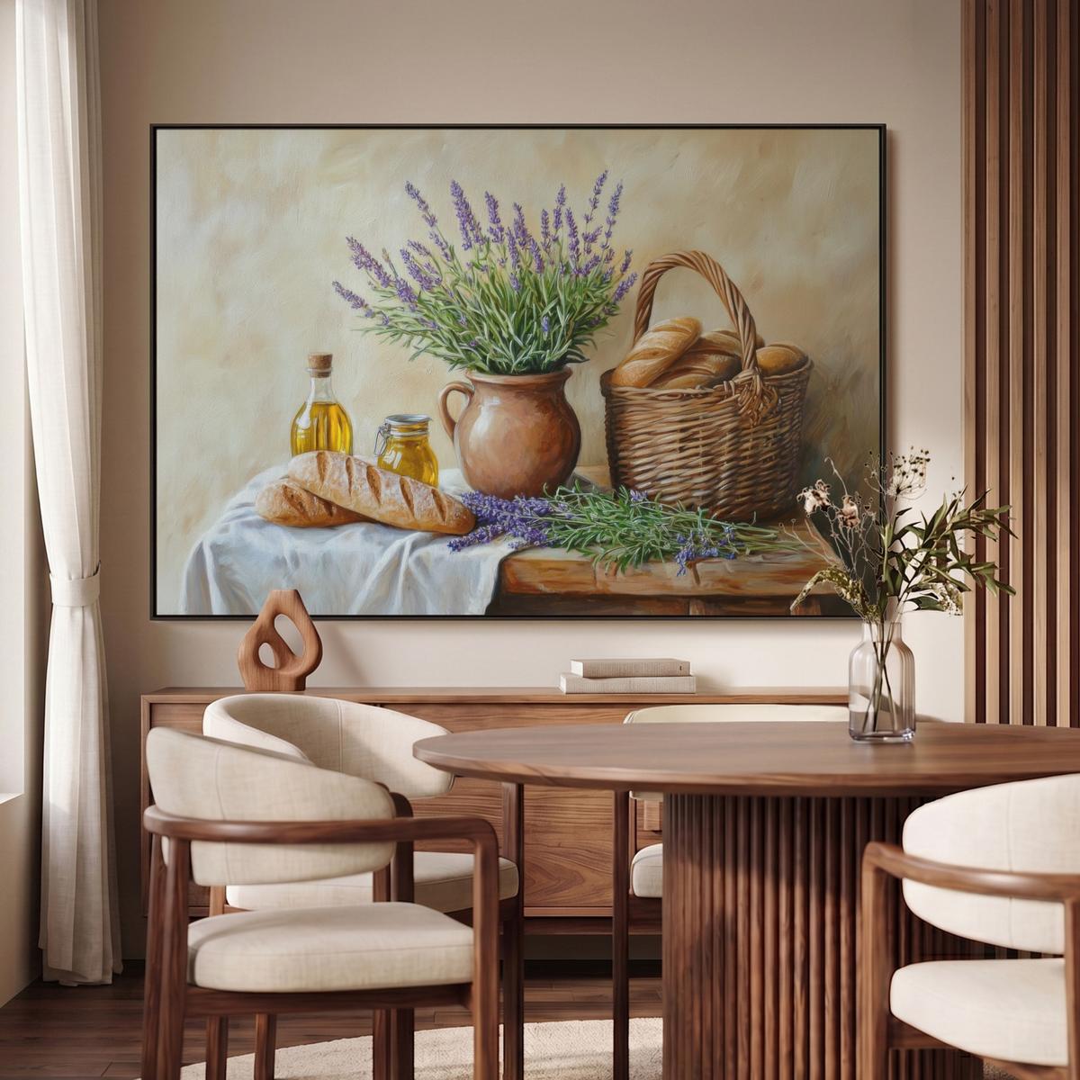 LEINWAND Bilder mit Rahmen - Lavendel - Brot - Stilleben - 150x100 - Flieder, Textil (150/100cm) - MuchoWow