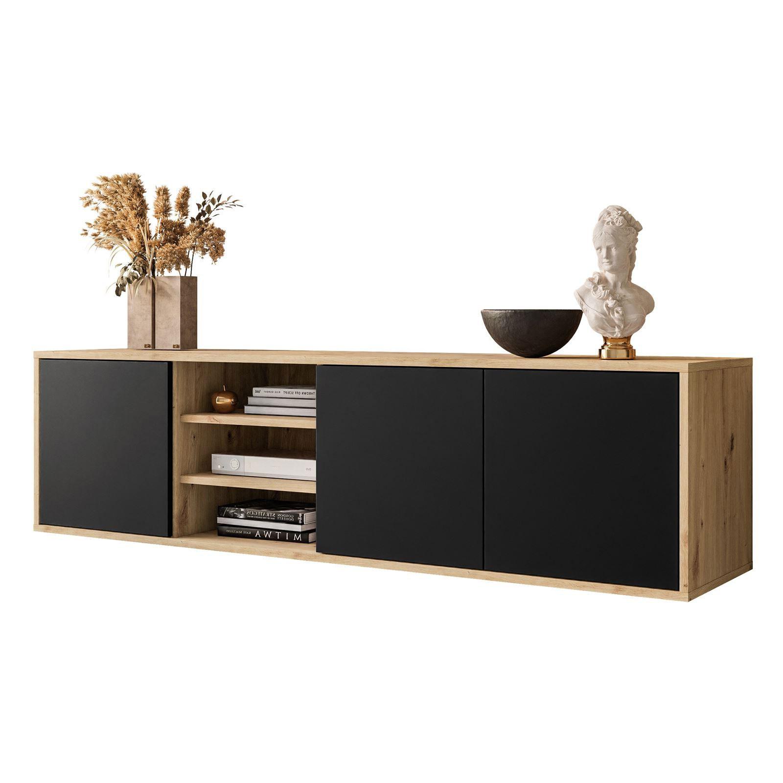 TV-ELEMENT SANAYI Hängend mit Regalen Eiche Artisan/Schwarz - Schwarz, Holzwerkstoff (156/41/38cm) - Lookway