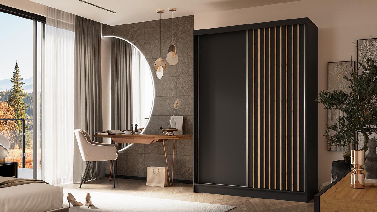KLEIDERSCHRANK mit furnierten Schiebetüren und Aluminium-Leisten - LABELO - 150 cm Schwarz+Schwarz+Artisan - Schwarz/Eiche Artisan, Holzwerkstoff (150/216/61cm) - ALTDECOR