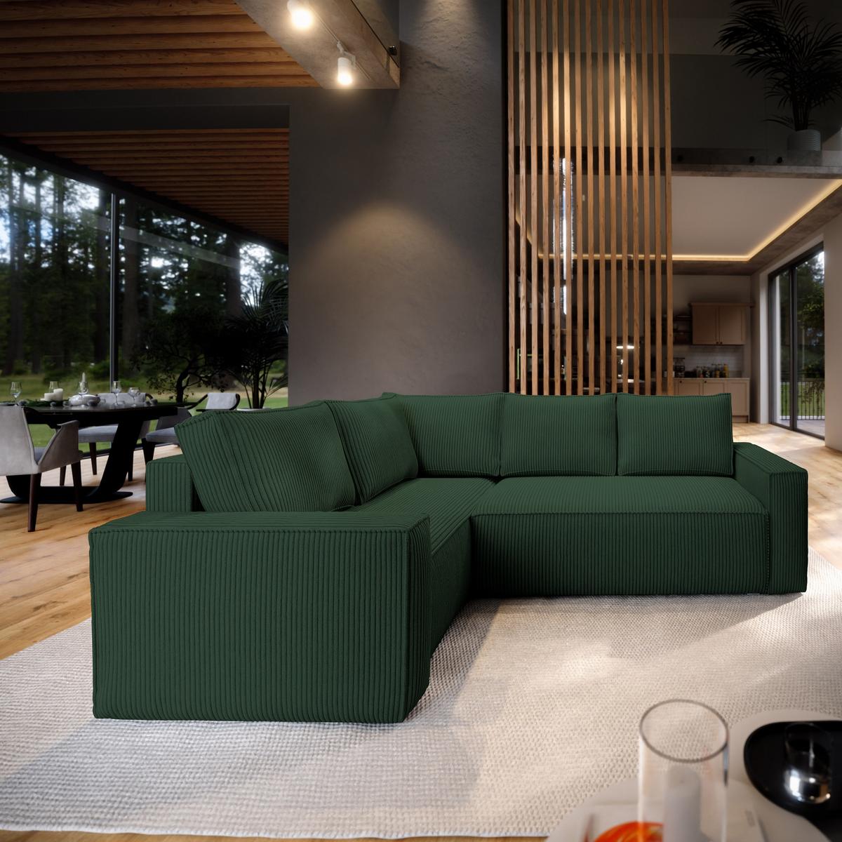 ECKSOFA ESTANO L-S Grün Kordstoff mit Schlaffunktion - Grün, Holz (230/158cm) - MASSENO