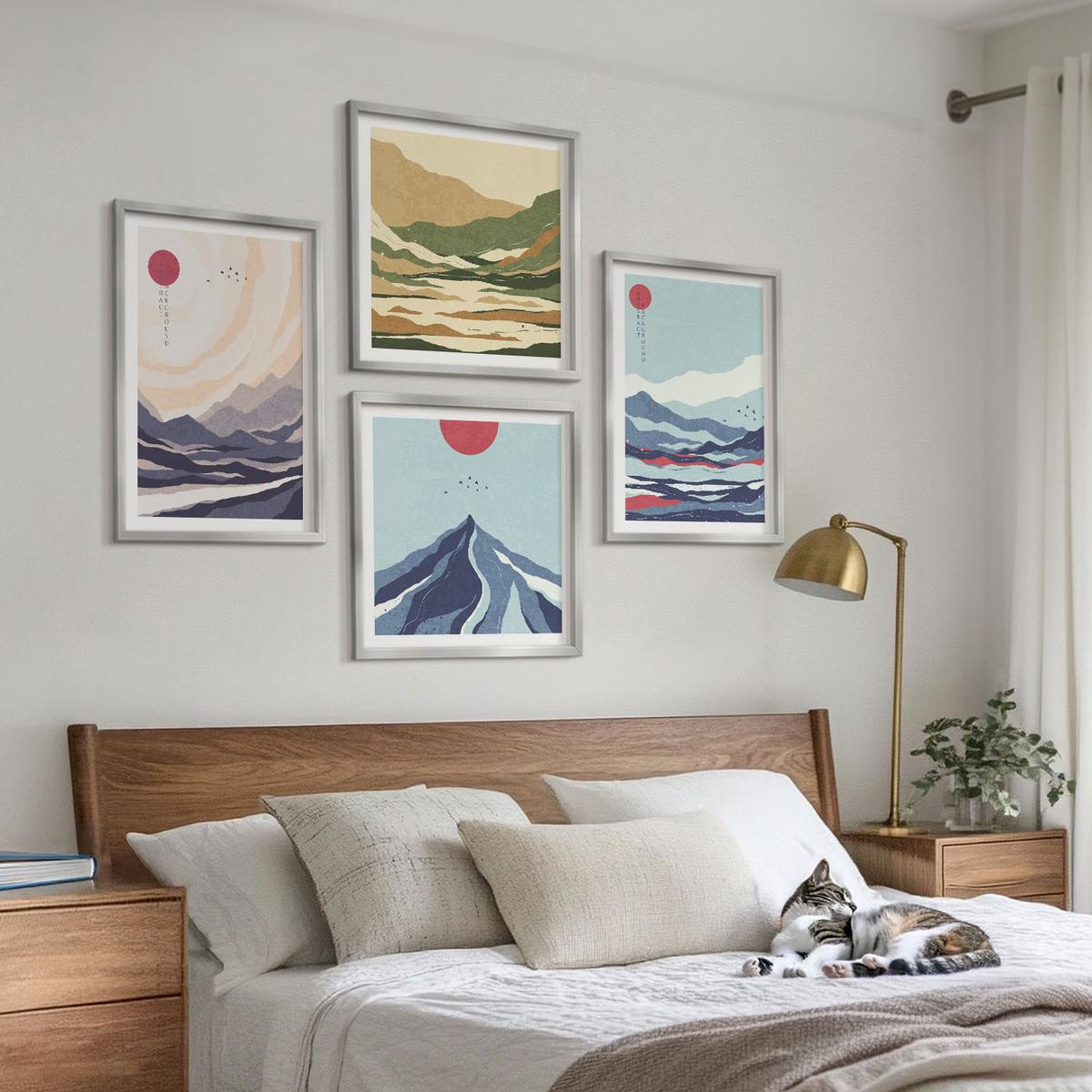 BILDER SET 4er Set - 50x50 cm & 40x60 cm Silberner Rahmen - Abstrakte Berglandschaften - Silberfarben, Kunststoff (50/50cm) - TULUP