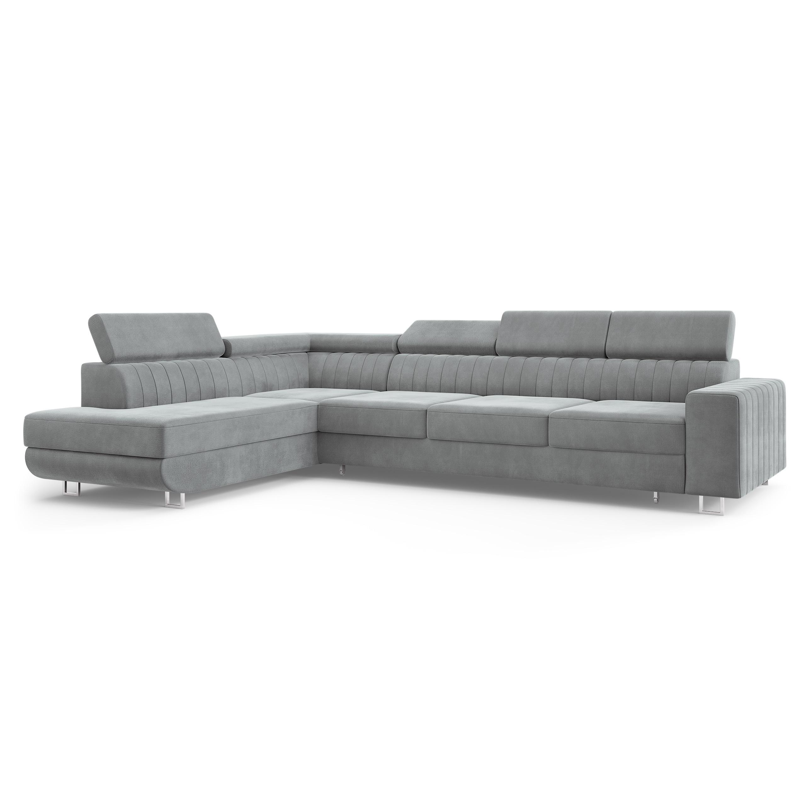 ECKSOFA HESTION Hellgrau Velours-Stoff mit Schlaffunktion - Hellgrau, Holz (332/190cm) - MASSENO