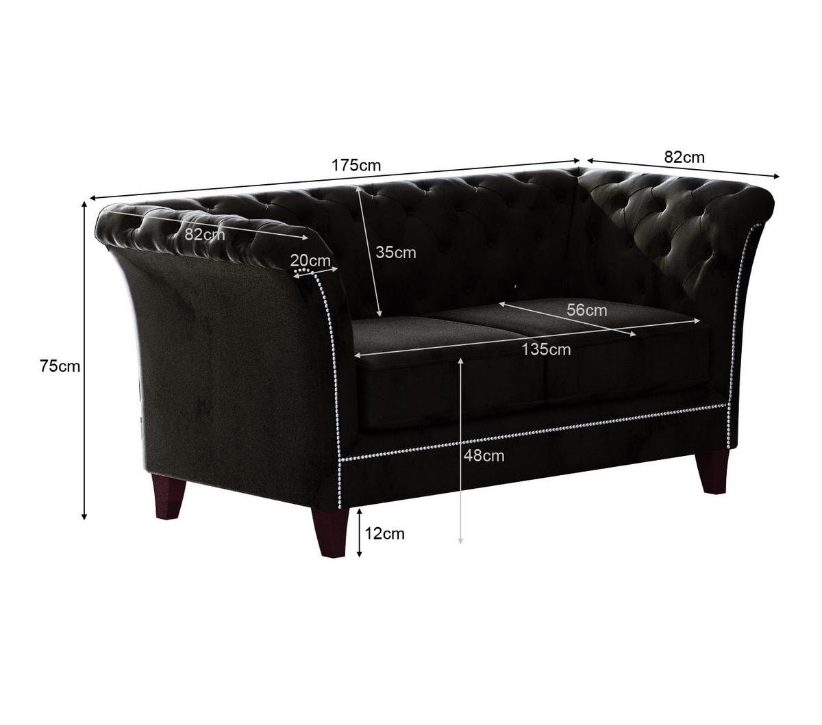 CHESTERFIELD-SOFA 2-Sitzer Fusion Schwarz Samt - Schwarz/Braun, Holz/Textil (175/75/82cm) - S-Style Möbel