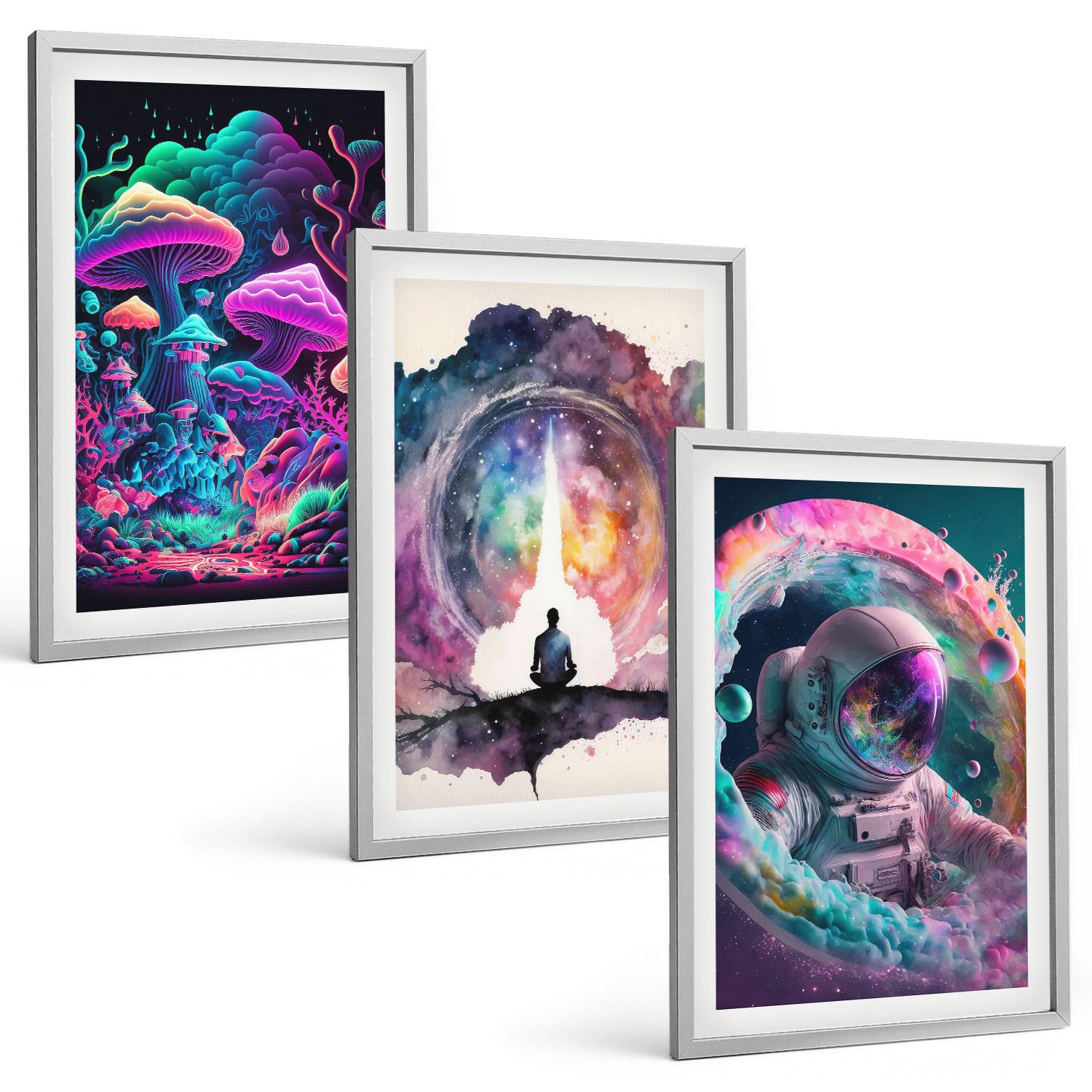 BILDER SET 3er Set - 40x60 cm Silberner Rahmen - Farbenfrohe Fantasy-Kunstillustrationen - Silberfarben, Kunststoff (40/60cm) - TULUP